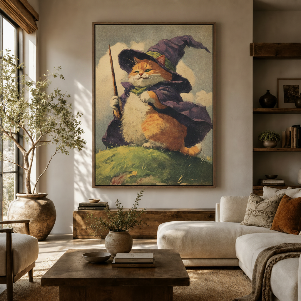 Whimsical orange tabby wizard canvas displayed above white sofa in bright boho living room