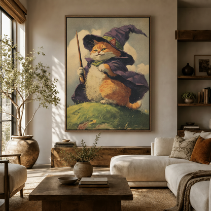 Whimsical orange tabby wizard canvas displayed above white sofa in bright boho living room