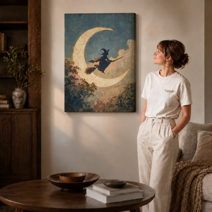 Canvas artwork of a witch flying across a crescent moon beside a standing model