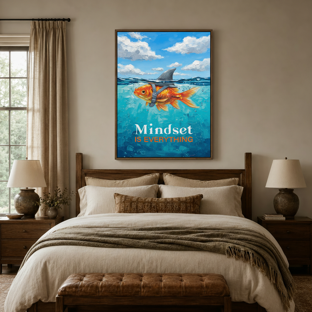 Bold impasto mindset painting in dark walnut float frame above bedroom headboard