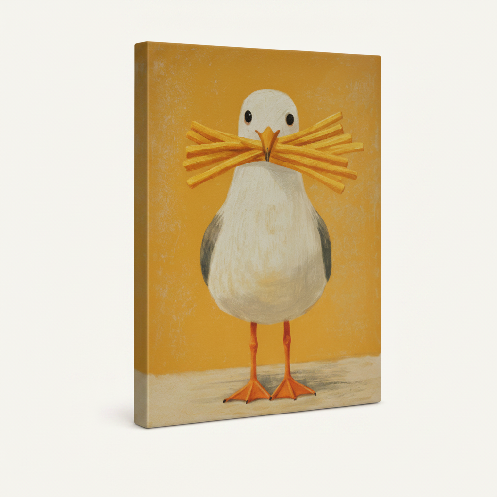 Gallery-wrapped canvas side view of funny seagull art print with textured wrap finish
