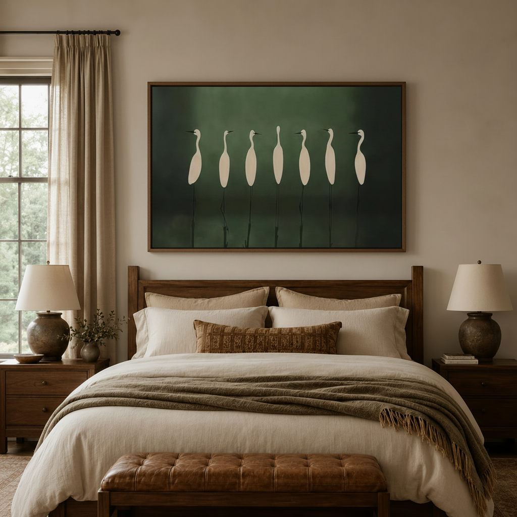 Seven egrets framed canvas wall art hung above bed in neutral bedroom with walnut furniture and linen bedding