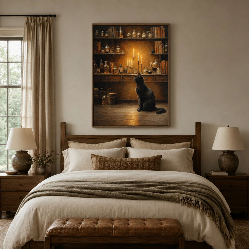 Moody vintage black cat oil painting framed canvas art above wooden bed in cozy bedroom