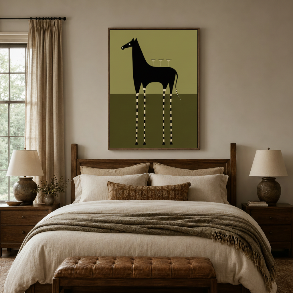 Framed minimalist horse art print above a wooden bed headboard in a cozy neutral bedroom
