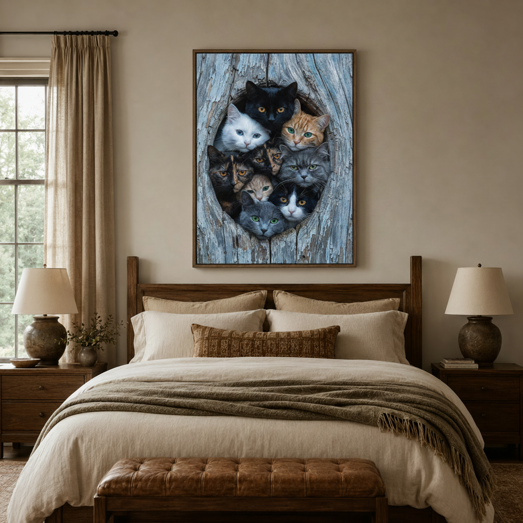 Whimsical cat canvas wall art displayed above bed in warm bedroom interior