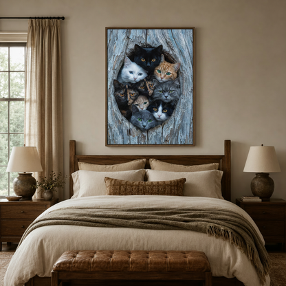 Whimsical cat canvas wall art displayed above bed in warm bedroom interior