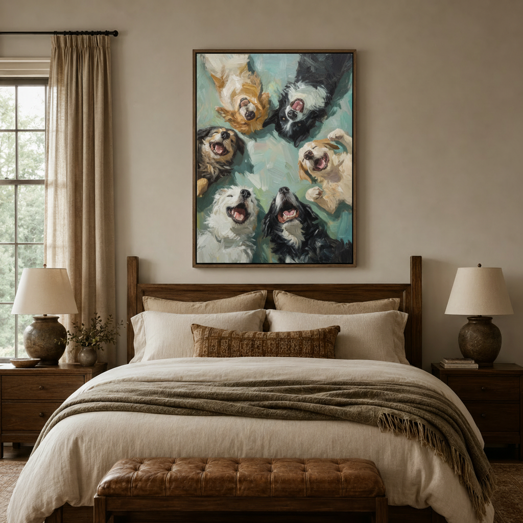 Colorful dogs oil painting framed canvas above bed in neutral linen bedroom