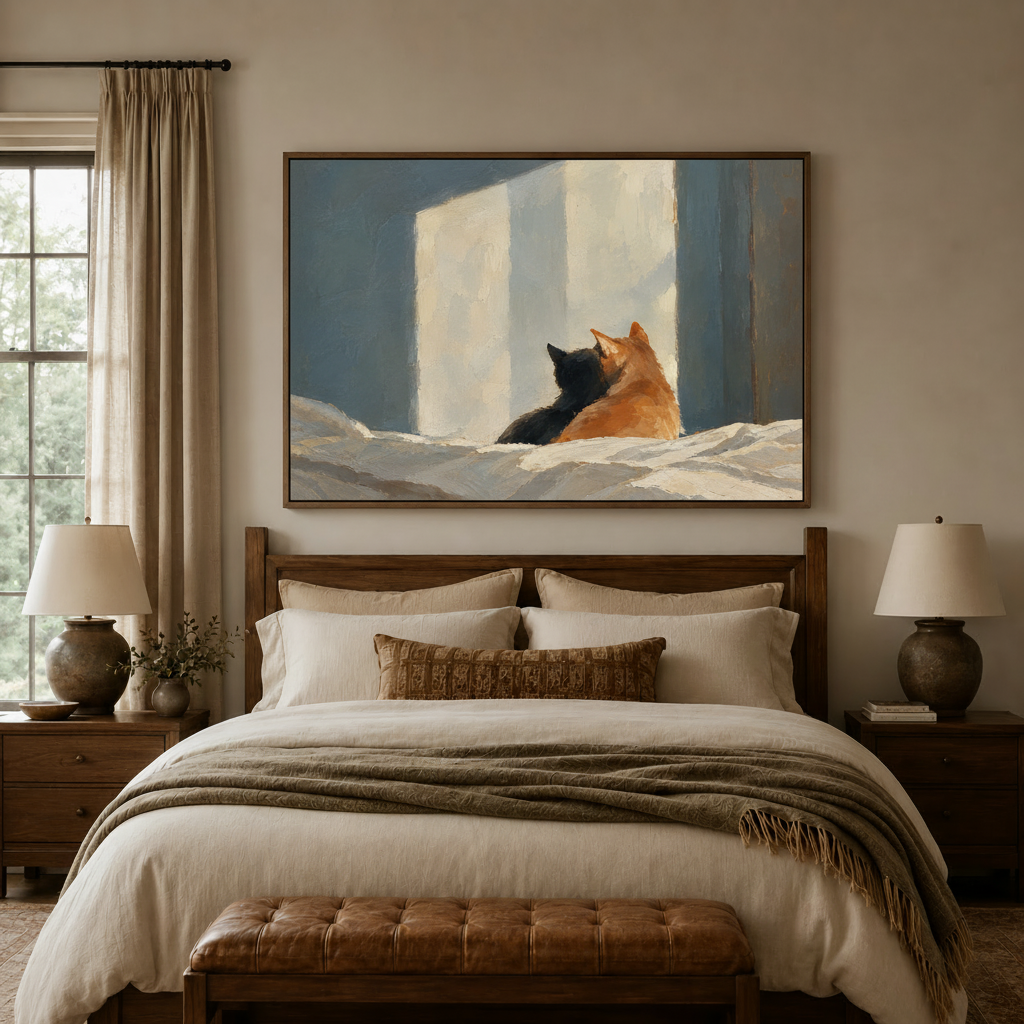 Cat and shadow canvas print hung as calming bedroom wall decor