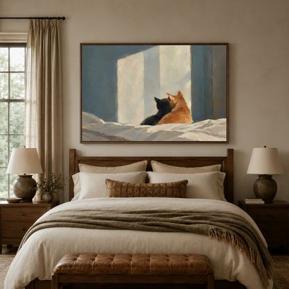 Cat and shadow canvas print hung as calming bedroom wall decor