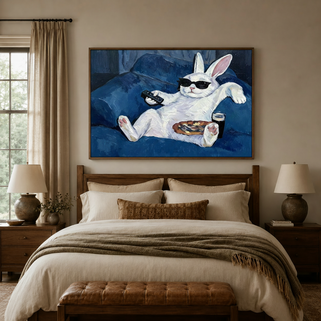 Bold funny animal oil painting canvas above bed headboard in cozy warm-toned bedroom