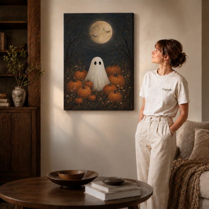 Ghost and pumpkin artwork displayed on a wall beside a standing model