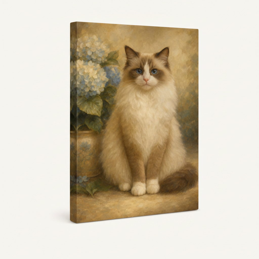 Gallery-wrapped Ragdoll cat hydrangea portrait canvas showing warm golden wrap edges, no frame, 3/4 angle