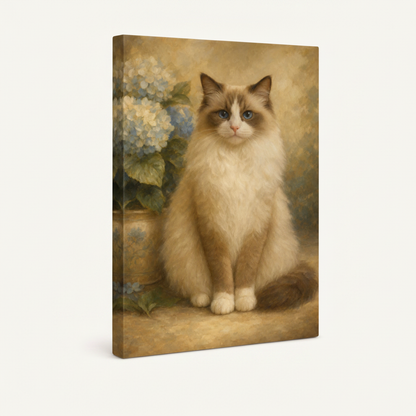 Gallery-wrapped Ragdoll cat hydrangea portrait canvas showing warm golden wrap edges, no frame, 3/4 angle