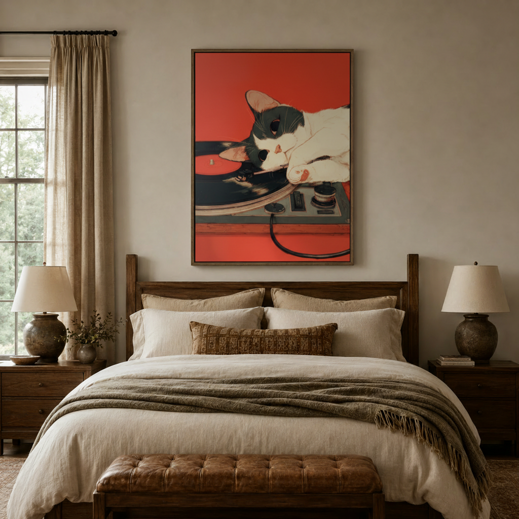 Bold red Japanese illustration canvas above walnut bed frame in cozy neutral bedroom