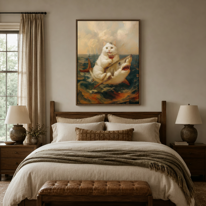 Dramatic funny cat on shark oil painting canvas print hanging above a dark walnut bed in a neutral bedroom