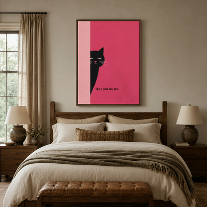 Funny black cat canvas print above bed in cozy warm-toned bedroom setting