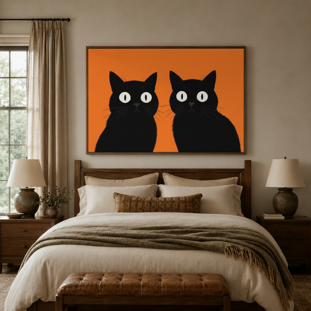 Minimalist black cat illustration canvas print above bed in cozy neutral bedroom with ceramic lamps