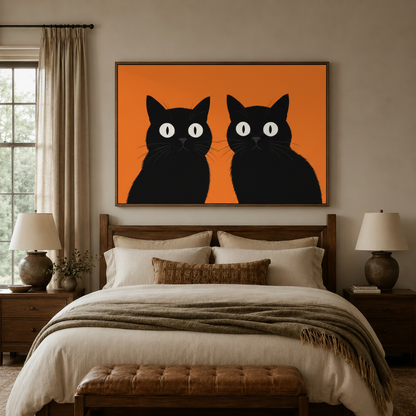 Minimalist black cat illustration canvas print above bed in cozy neutral bedroom with ceramic lamps