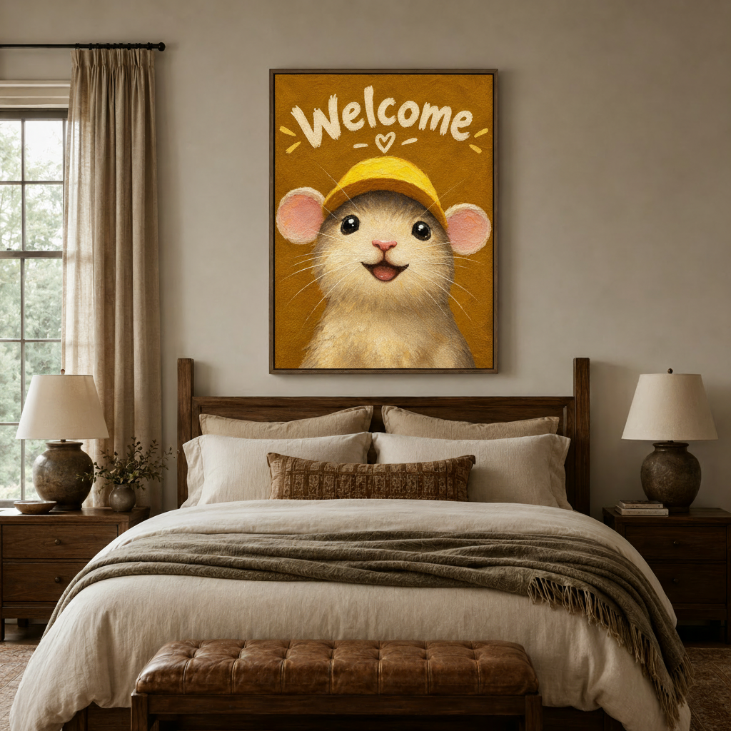 Storybook style mouse wall art with welcome lettering above bed in cozy bedroom