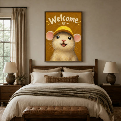 Storybook style mouse wall art with welcome lettering above bed in cozy bedroom
