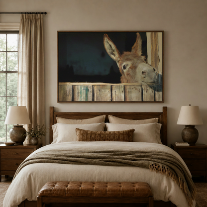 Curious donkey framed canvas wall art centered above a bed in a warm neutral bedroom
