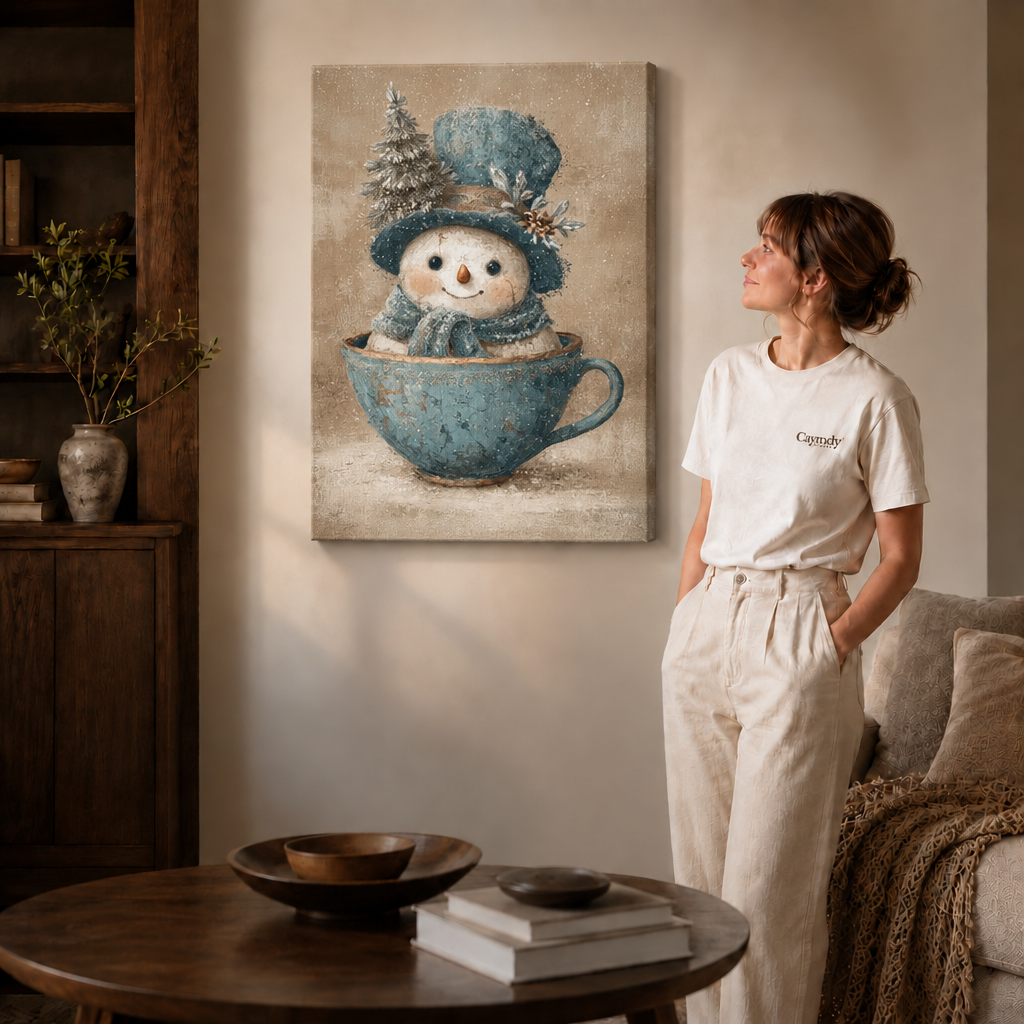 Gallery-wrapped winter canvas showing a scarf-wearing snowman in a blue teacup beside a woman.