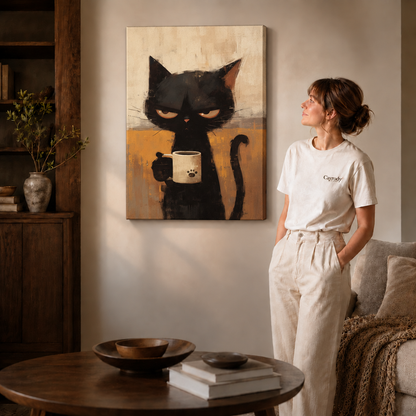 Frameless black cat coffee canvas art displayed beside a woman in a contemporary living room