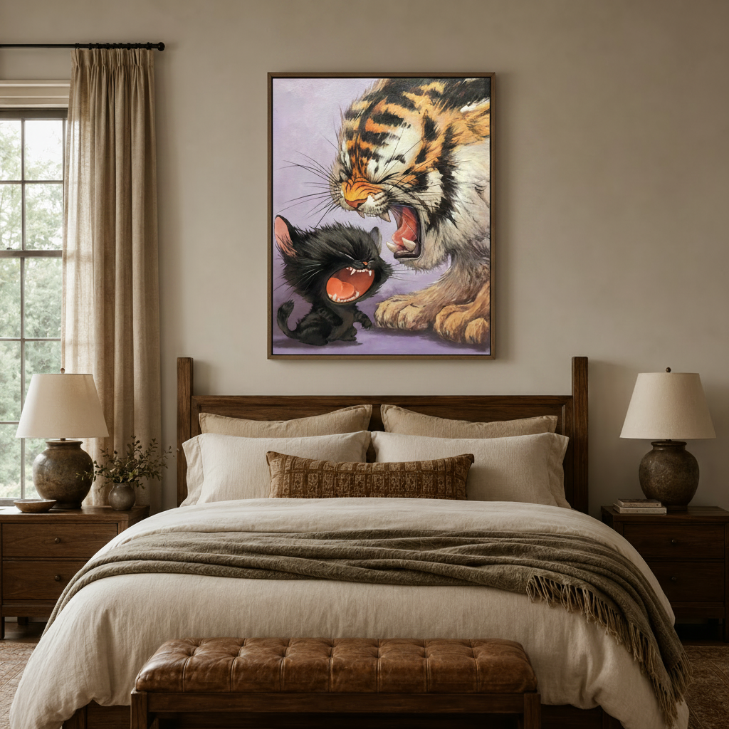 Playful tiger and kitten wall art canvas centered above wooden bed in a cozy neutral bedroom