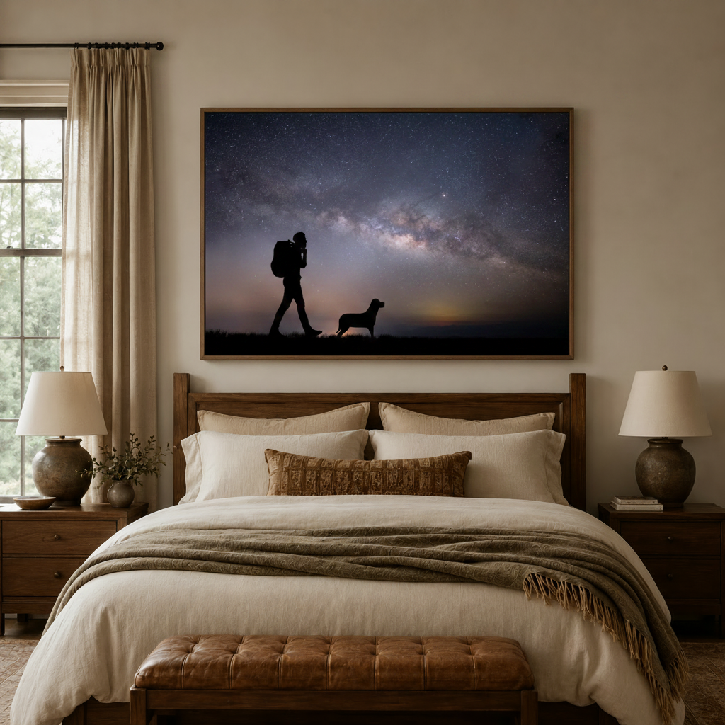 Night sky hiker and dog canvas wall art above bed in a cozy bedroom with linen bedding, wooden nightstands, and warm lamp light