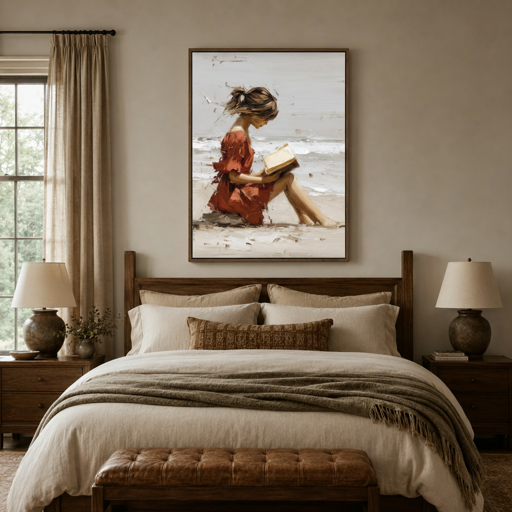 Beach figurative canvas art with rust red dress displayed above bed in neutral bedroom