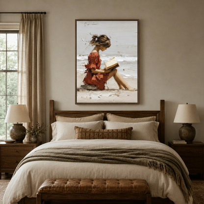 Beach figurative canvas art with rust red dress displayed above bed in neutral bedroom