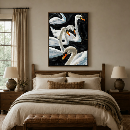 Dramatic white swans canvas art with gold accents displayed above a linen bed in a cozy bedroom