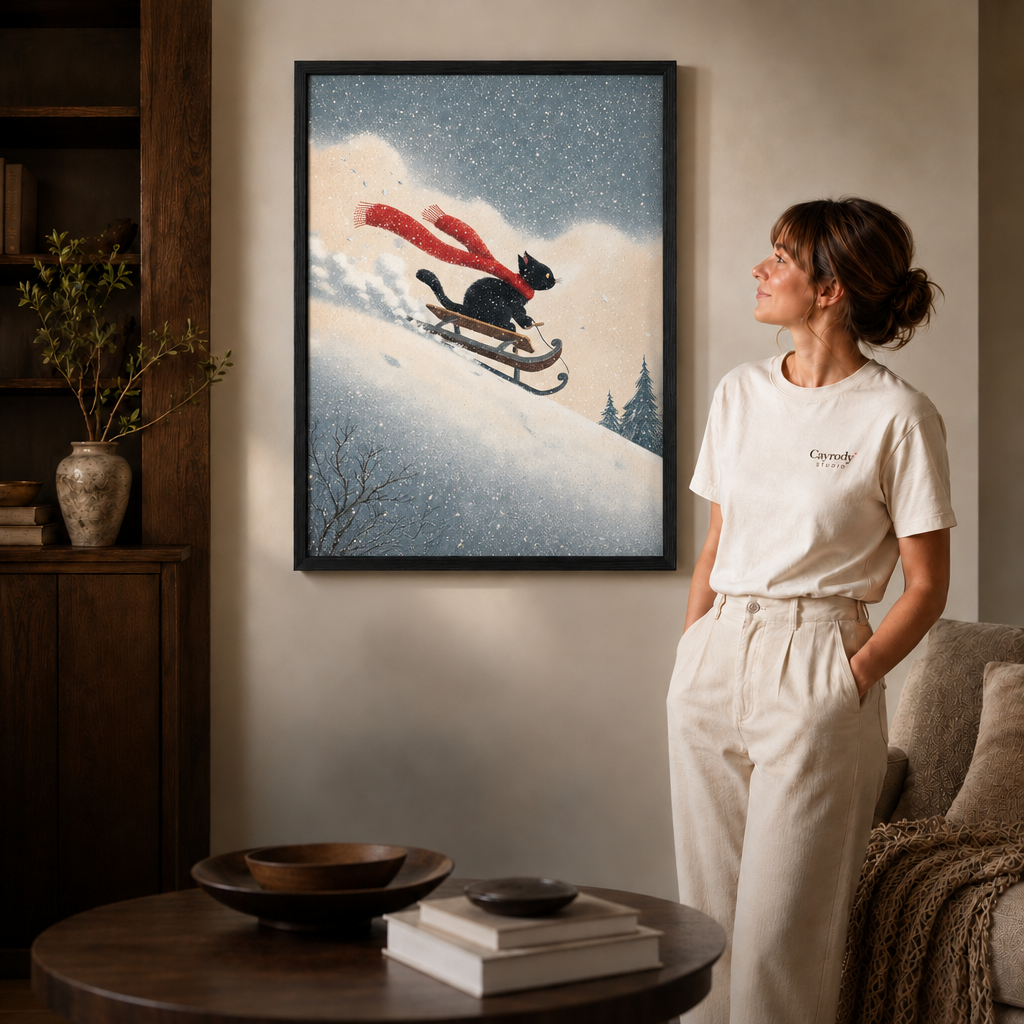 Black-framed black cat sledding winter art beside a woman in a softly lit room.