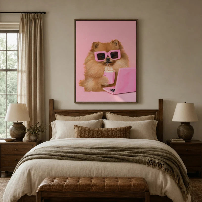 Funny dog canvas wall art above a wooden bed in a cozy neutral bedroom with warm lamp lighting