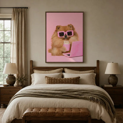 Funny dog canvas wall art above a wooden bed in a cozy neutral bedroom with warm lamp lighting