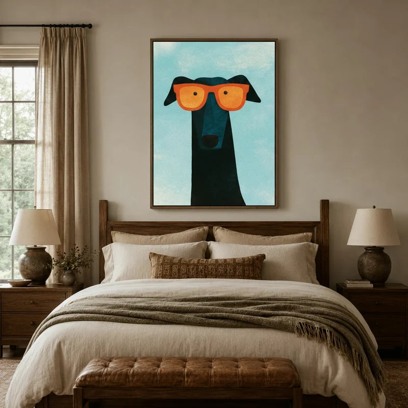 Minimalist black greyhound canvas art in a styled bedroom with soft blue and warm neutral tones