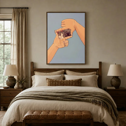 Playful two cats finger-frame canvas wall art above linen bed in cozy neutral bedroom with wood headboard
