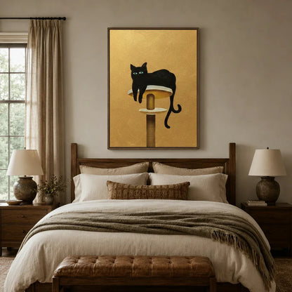 Minimalist gold black cat canvas displayed above a wooden bed in a cozy warm-toned bedroom
