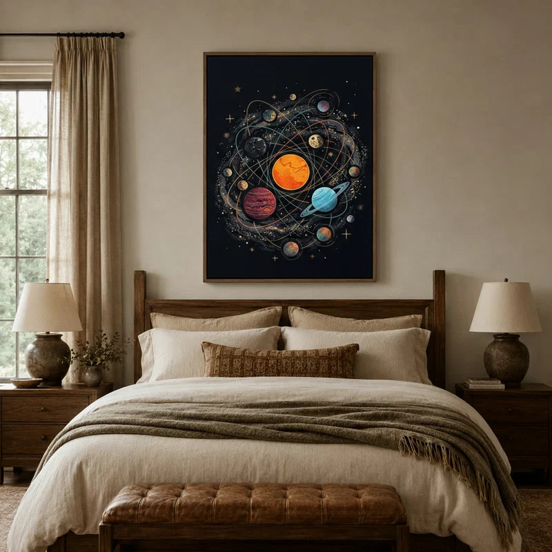 Vintage astronomy canvas art hanging in a styled bedroom with deep navy tones and warm accents