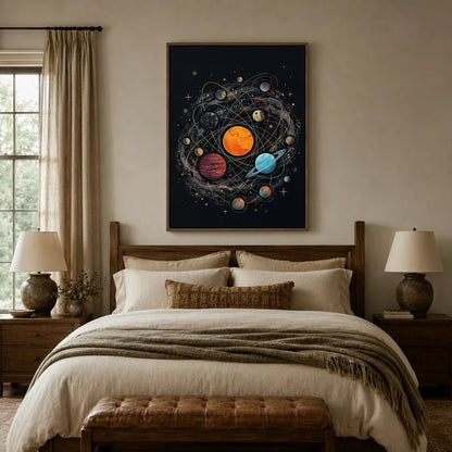 Vintage astronomy canvas art hanging in a styled bedroom with deep navy tones and warm accents