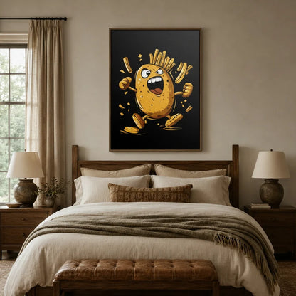 Bold cartoon potato wall art displayed above a bed as a statement piece in a cozy bedroom