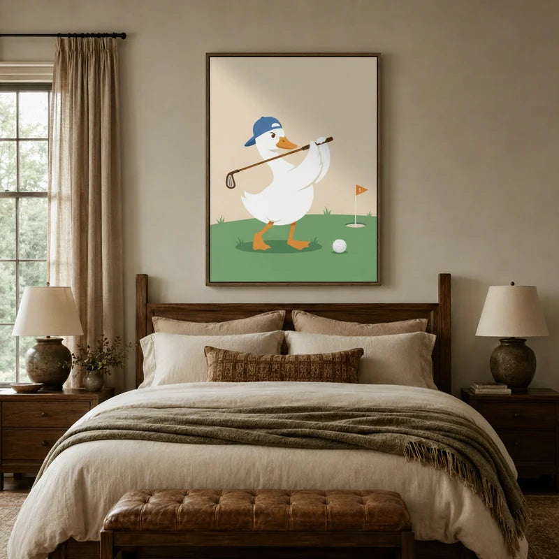 Funny duck golfer wall art above bed in cozy neutral bedroom with warm linen bedding and wood furniture