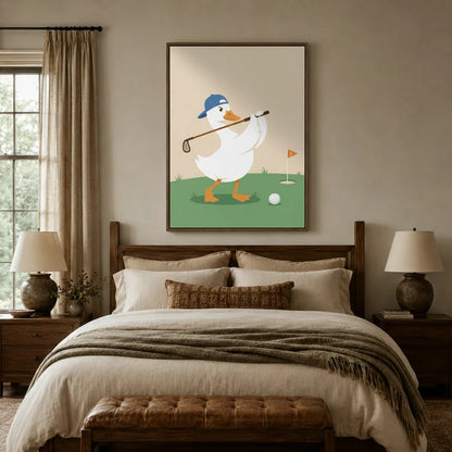Funny duck golfer wall art above bed in cozy neutral bedroom with warm linen bedding and wood furniture