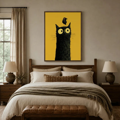 Funny black cat with bird on head canvas wall art above bed in cozy farmhouse bedroom