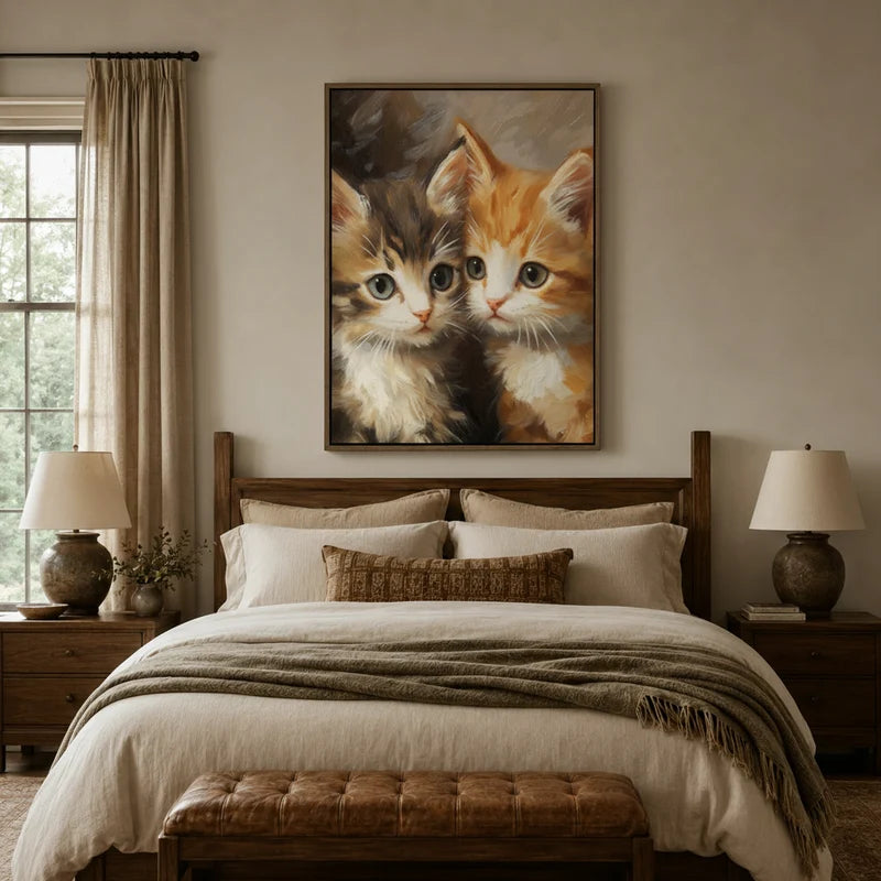 Vintage kitten portrait canvas print hanging above bed in warm farmhouse bedroom