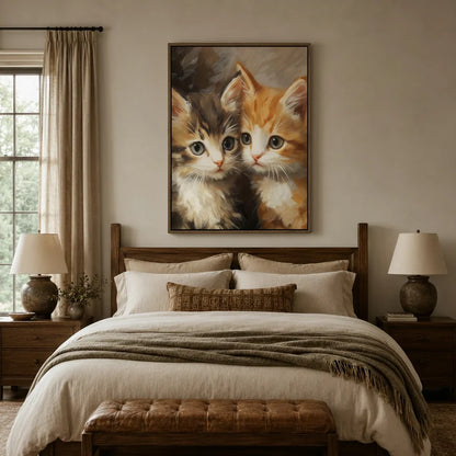 Vintage kitten portrait canvas print hanging above bed in warm farmhouse bedroom