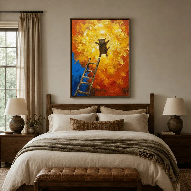 Dramatic cat climbing ladder wall art hanging above a linen bed in a cozy neutral bedroom