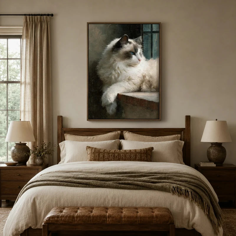 Vintage-style Ragdoll cat canvas above bed in cozy neutral bedroom with warm linen bedding and wood headboard