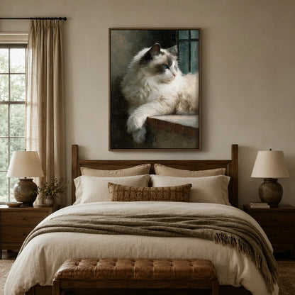 Vintage-style Ragdoll cat canvas above bed in cozy neutral bedroom with warm linen bedding and wood headboard