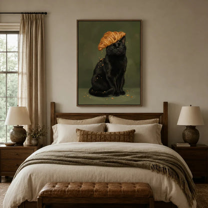 Funny black cat wall art with croissant hat displayed above a bed in a cozy neutral bedroom